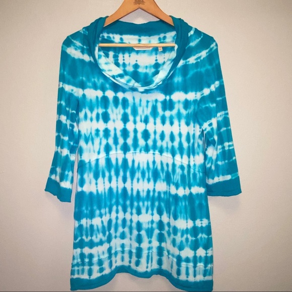 Soft Surroundings Turquoise White Cowl Neck Tie Dyed Tunic 2268 - Picture 1 of 9